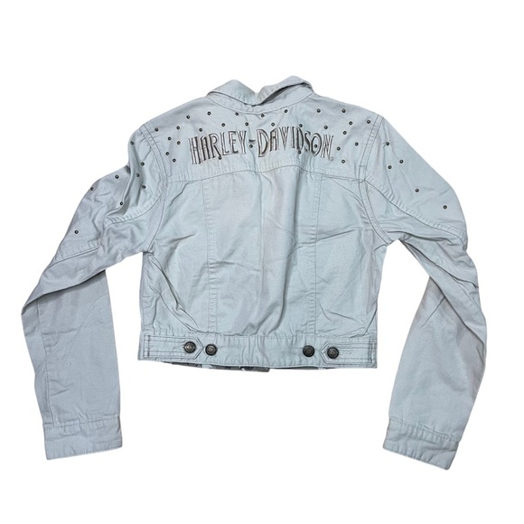 Vintage Harley Davidson Women’s Studded Cropped Button Down Tan Denim Jacket - Picture 5 of 5